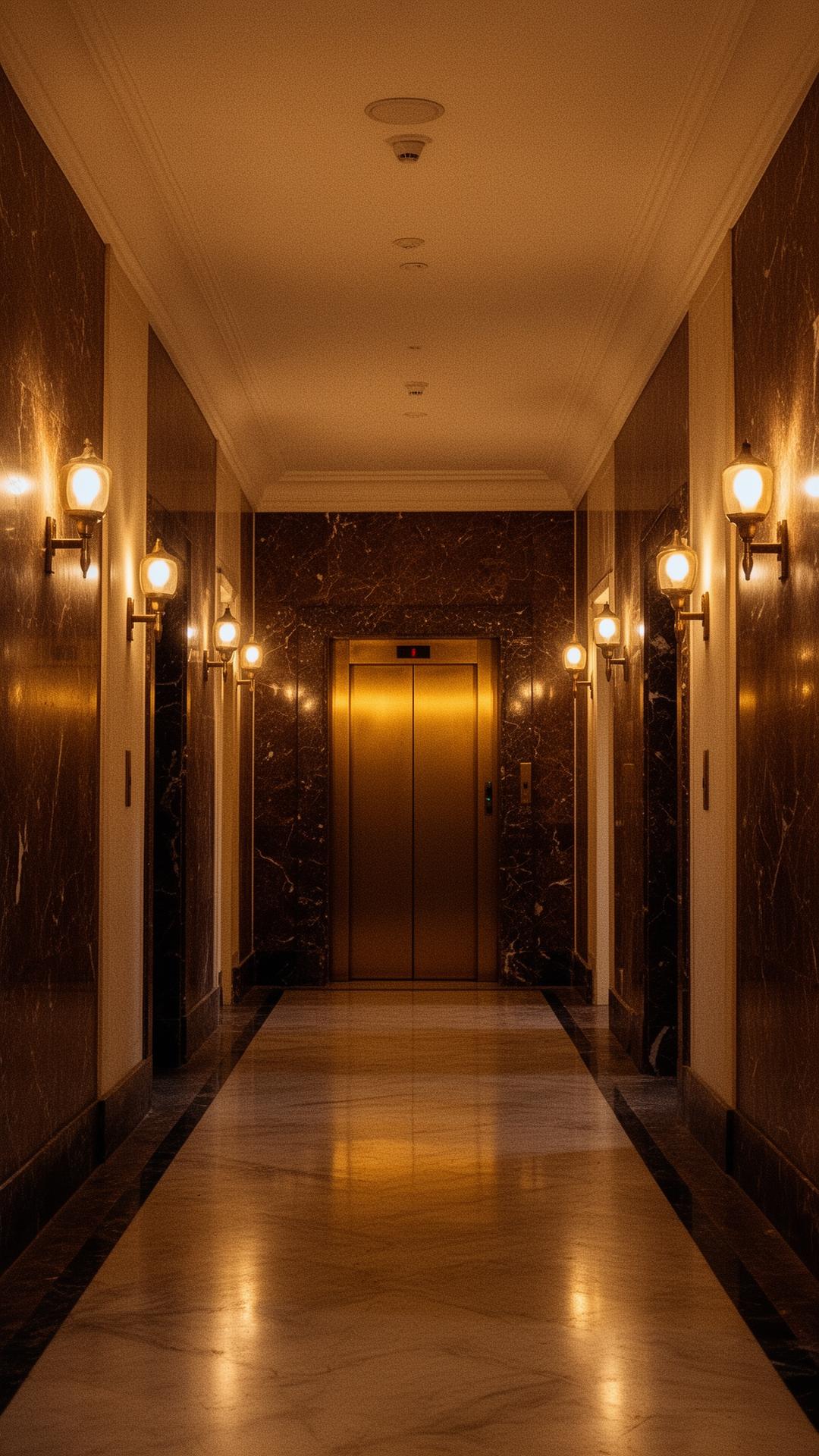 A long marble corridor in old Jumeirah, lit by warm sconces