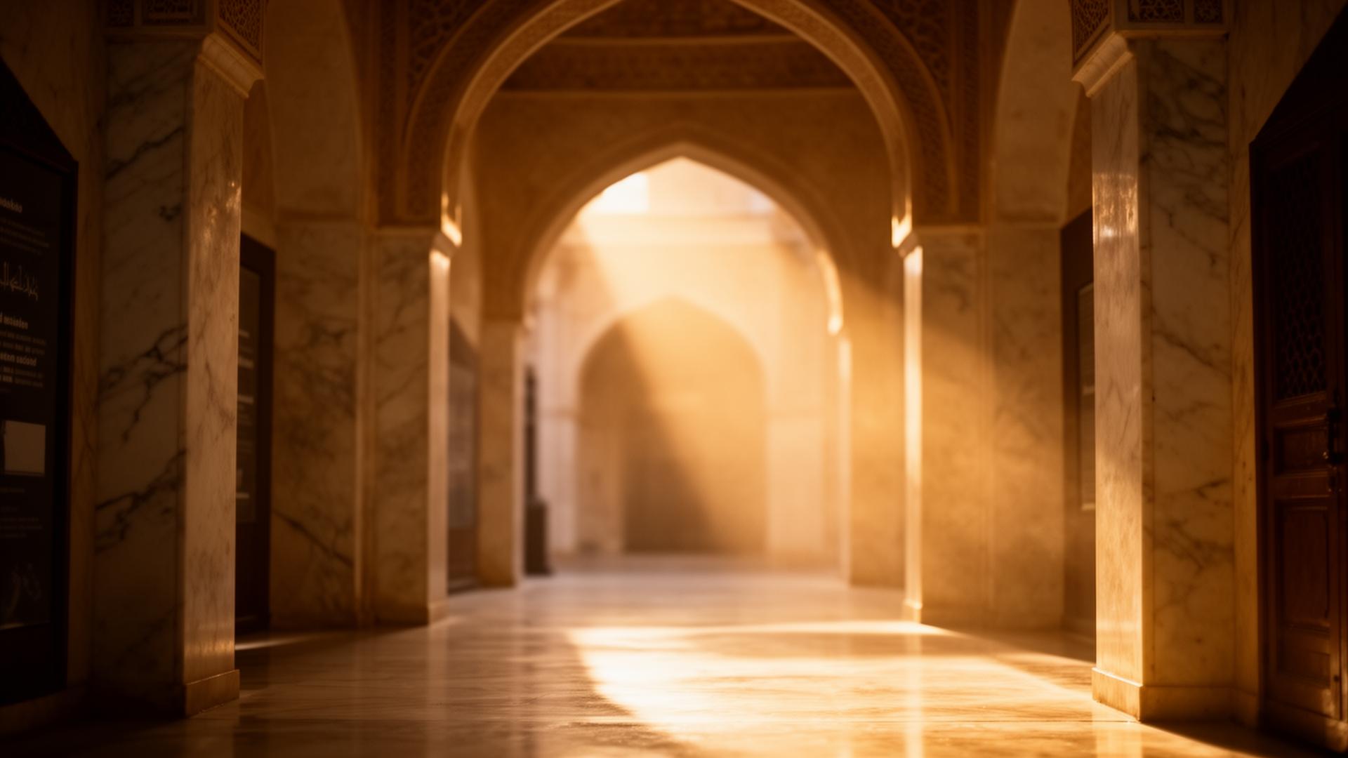Warm marble corridor bathed in golden light